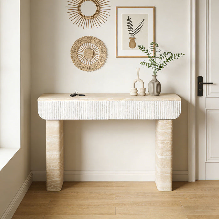 Entryway Table With 2 Hidden Handle Drawers For Entrance - Beige / Yellow