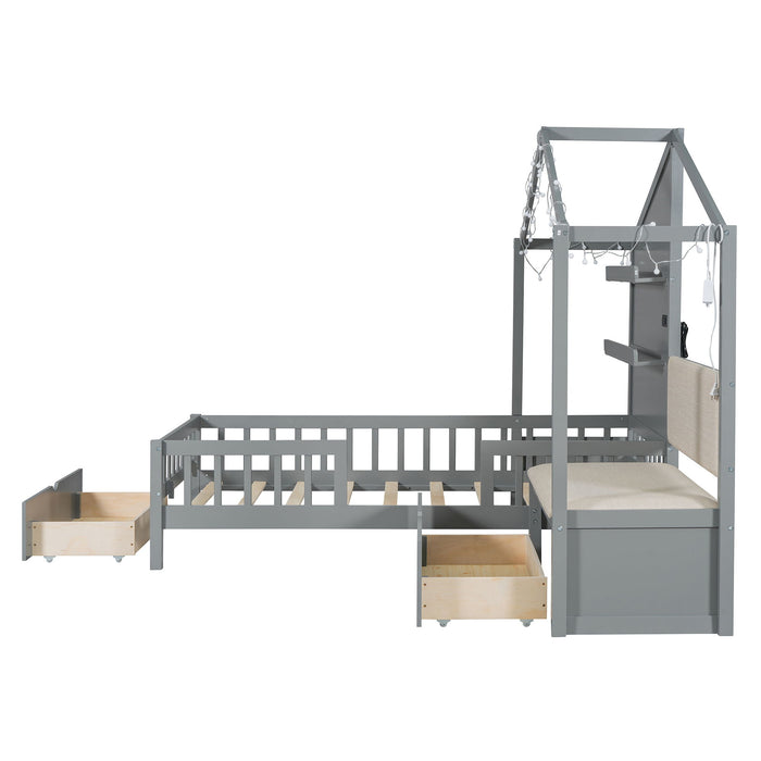 House Bed With Upholstered Sofa, Wireless Charging Station, Shelves And 2 Drawers