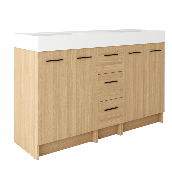 Double Sink Bathroom Vanity With 3 Drawers, Large Storage, Integrated Sink, Freestanding Cabinet, Soft Close Hardware - Glossy White / Light Oak