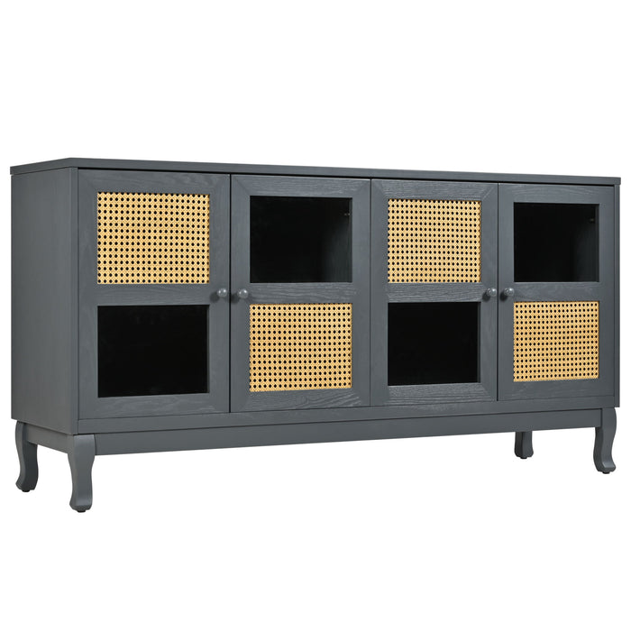 Retro Industrial 4 Door Sideboard With Large Storage, Rattan And Glass Doors