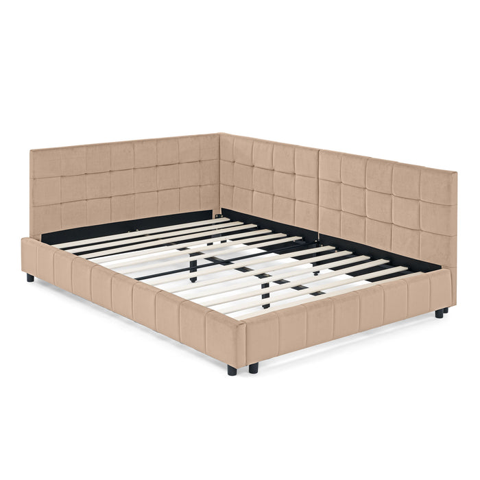 Mid-Century Storage Upholstered Tufted Bed Frame With Backrest And Armrests