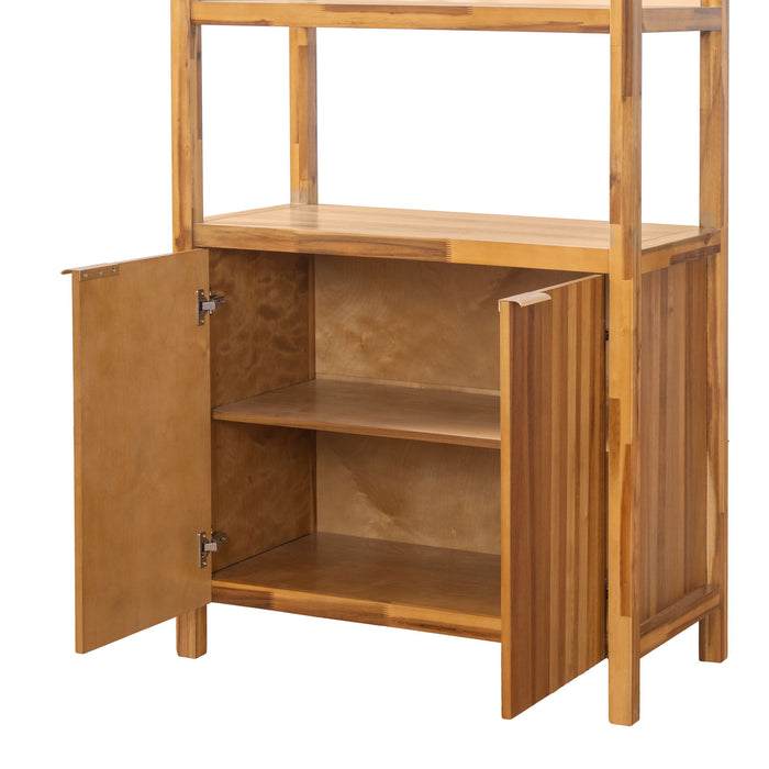 Tall Storage Bookcase Cabinet With 2 Open Shelves & Double Doors, Freestanding Shelving Unit - Natural