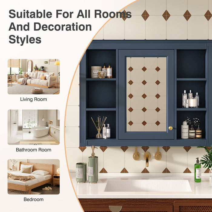 Wall Mounted Medicine Cabinet With Mirror, Storage Cabinet Featuring 6 Open Shelves And Adjustable Interior