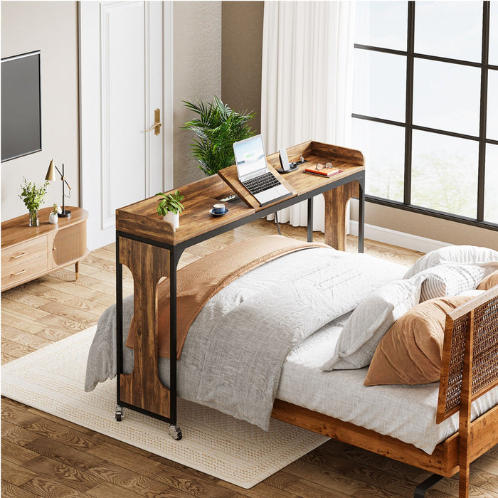 Height Adjustable Overbed Table With Wheels, Queen Size Mobile Laptop Desk, Rolling Computer Cart With Tiltable Stand And Built In Outlets & USB Ports - Rustic Brown