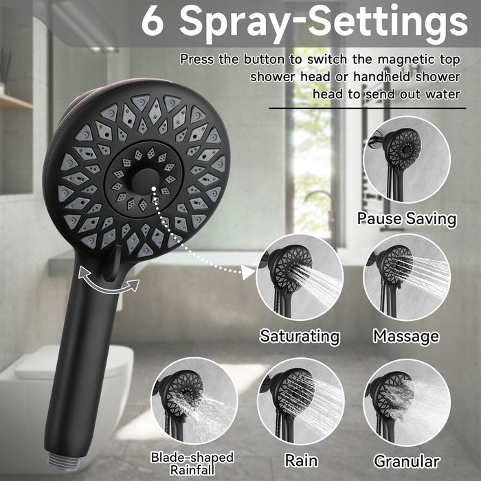 High Pressure Shower Heads 6 Spray Mode Handheld Shower With 60" Stainless Steel Hose - Matte Black