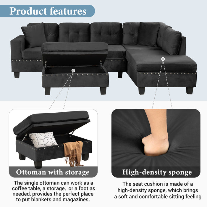 Modern Sectional Sofa With Storage Ottoman, L - Shape Couch With 2 Pillows And Cup Holders