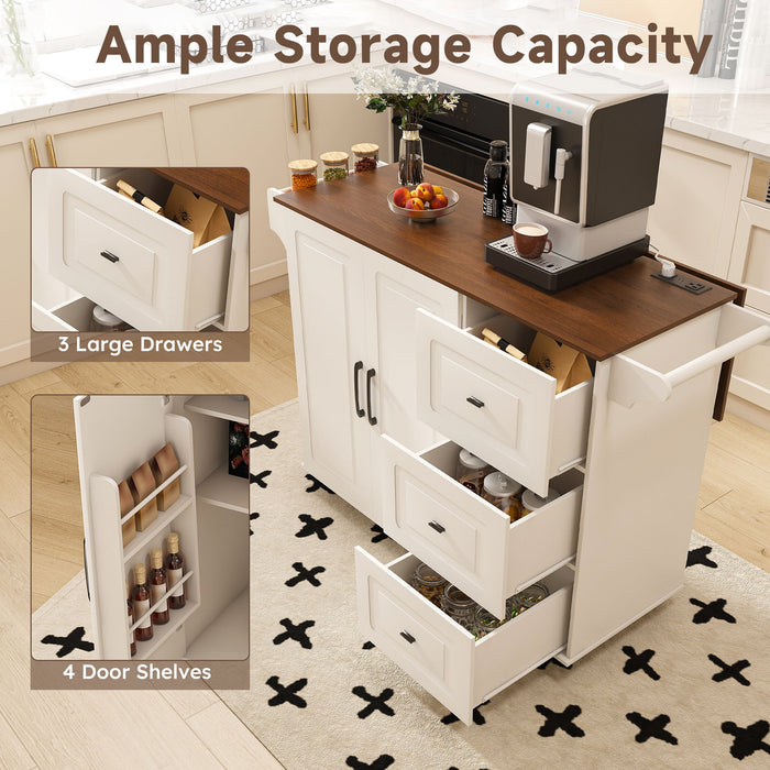 Kitchen Island Cart With Foldable Tabletop & Drop Leaf Mobile Breakfast Bar With Wood Top And Storage - White / Walnut