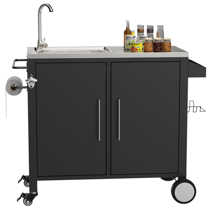 Outdoor Grill Cart With 304 Stainless Steel Sink And Cabinet - Black / Silver