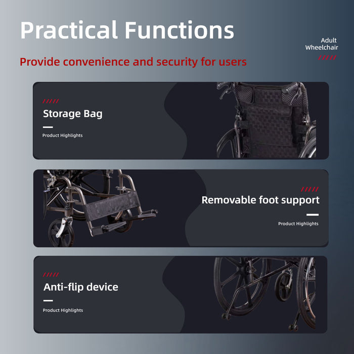 Lightweight Wheelchair Foldable For Adults, Manual Transport Chair With Double Brakes