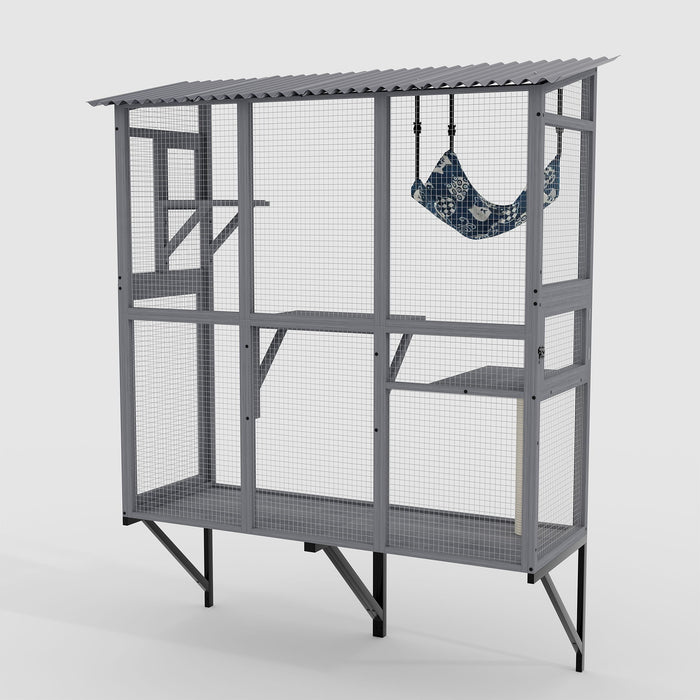 Large Walk In Outdoor Catio For Cats With Roof And 3 Access Doors - Gray