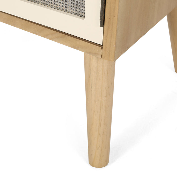 Contemporary End Table With Rattan Accents And Tempered Glass - Natural / White