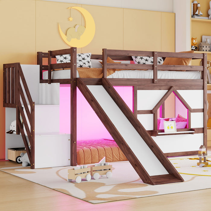 Loft Bed With Storage Stairs, Slide, Playhouse Window And 7 Colors LED Lights