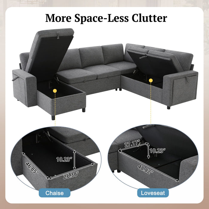 U - Shaped Convertible Sectional Sofa Bed With Storage, USB Charger & Cup Holders