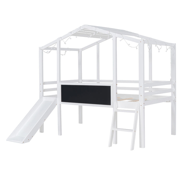 Loft House Bed With Ladder And Slide, With Blackboard And Light Strip On The Roof