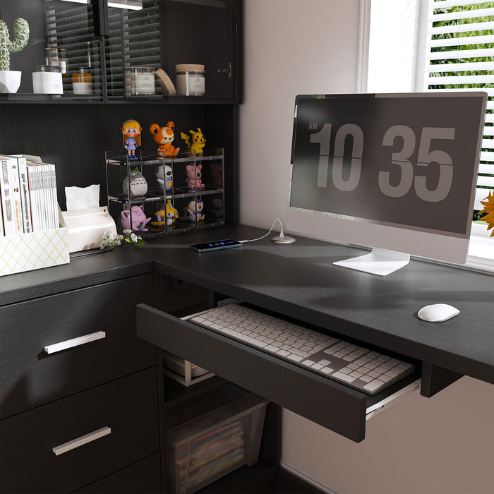 L-Shaped Computer Desk With Glass Cabinets, Built In LED Lights, USB Charging Ports