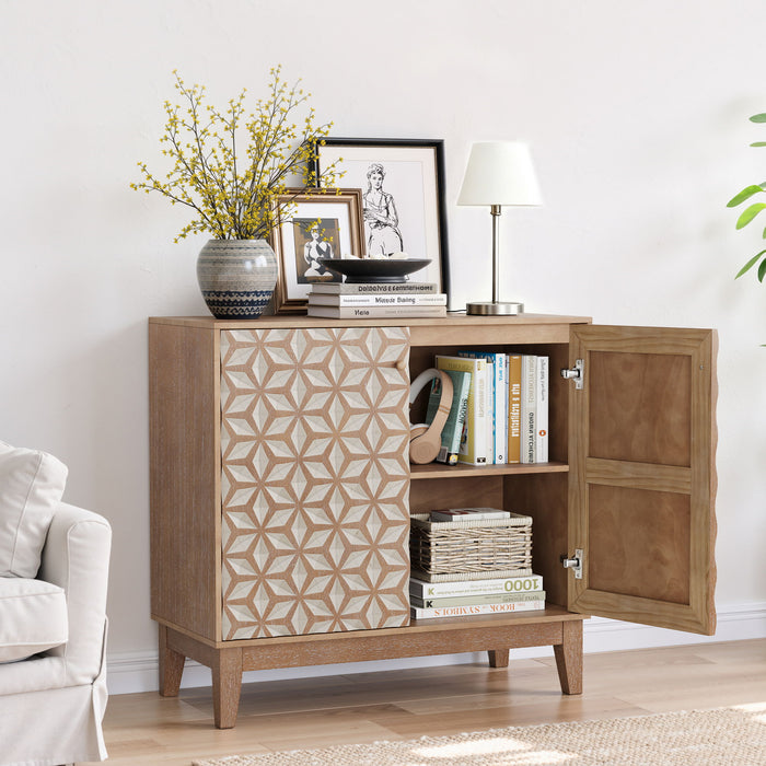 Geometric Design Sideboard With 2 Doors And Adjustable Shelves - Tangerine / Walnut