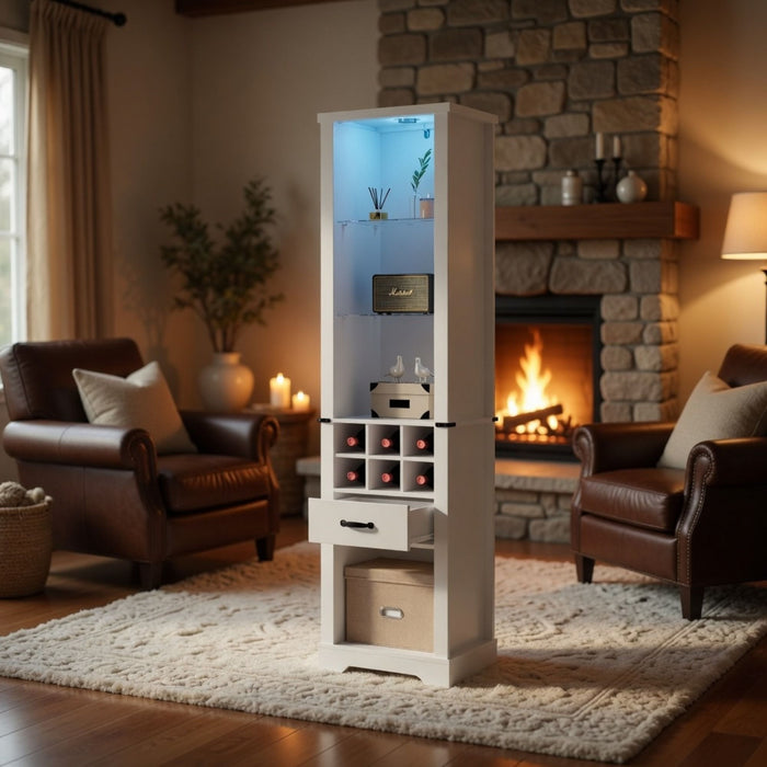 Pantry Cabinet With LED Lights, Wine Rack, Tempered Glass Shelves, And Barn Door Design - White