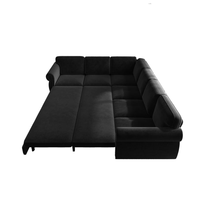 L-Shaped Sofa Couch With Pull Out Bed With Nailhead Trim & Rolled Arm