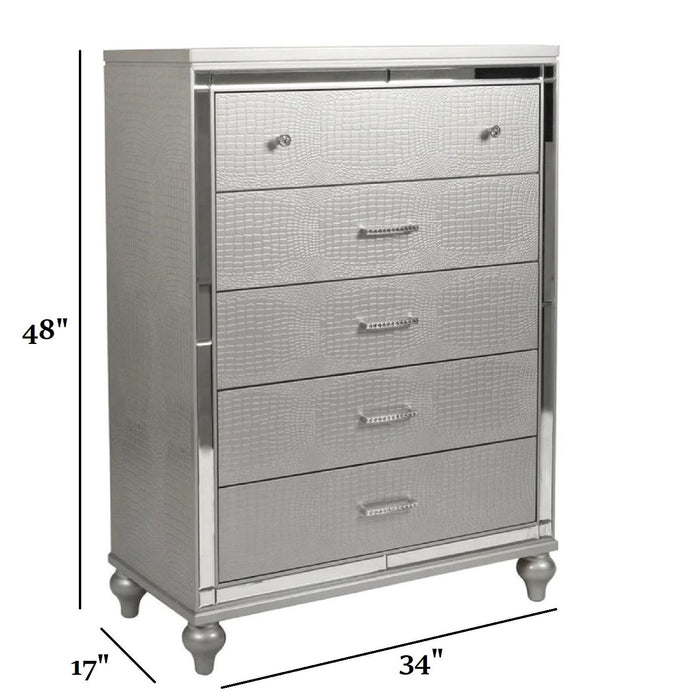 1 Piece Chest With 5 Drawers Snake Skin Bedroom Furniture - Silver