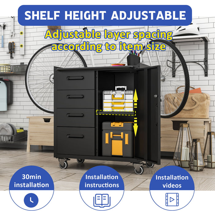 Sturdy Metal Tool Storage Cabinet With Wheels Durable Garage, Office & Home Organizer Steel