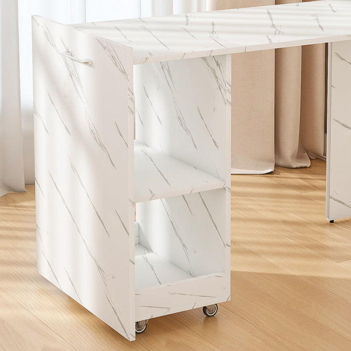 Stretchable Office Desk With Storage Shelves And Mobile Wheels, Foldable Design For Small Apartments - White Marble
