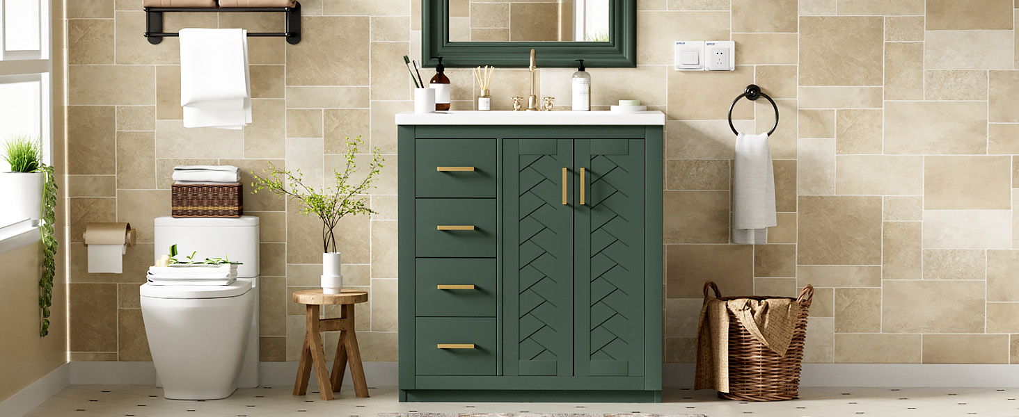 Ceramic Sink Combo, Freestanding Vanity Set With 3 Drawers & Soft Closing Doors