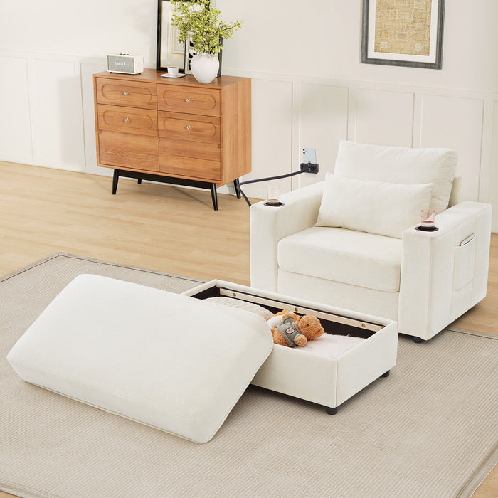 Modern Style Armchair Chaise Lounge Sofa Couch With Movable Storage Ottoman, USB Ports, Cup Holders, Phone Holder, Side Pockets