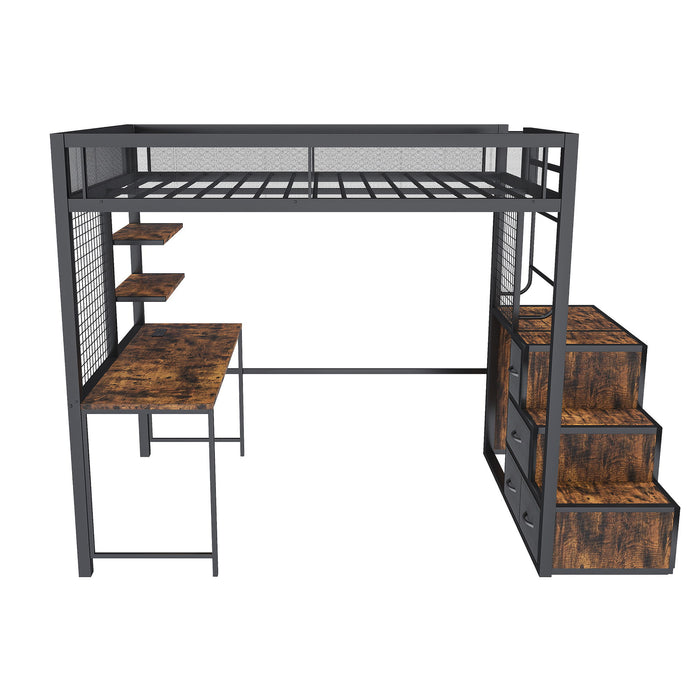 Heavy Duty Full Loft Bed With Desk & USB Charging Metal Frame With Storage Drawers And Staircase - Black