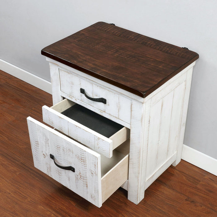 2 Drawer Nightstand With Brass Arch Pulls, Bedroom Furniture - Brown / Distressed White / Walnut