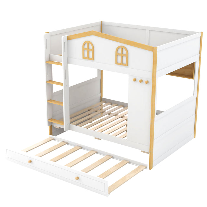 Full Over Full Bunk Bed With Storage Shelves And Trundle - White / Natural