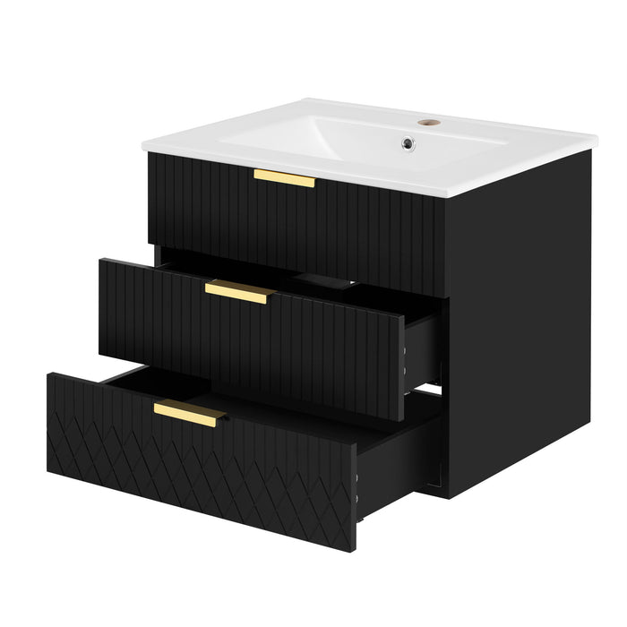 Wall Mounted Floating Cabinet With Double Drawer, Rectangular Sink, Bathroom Vanity With Single Faucet Hole And Overflow - Black