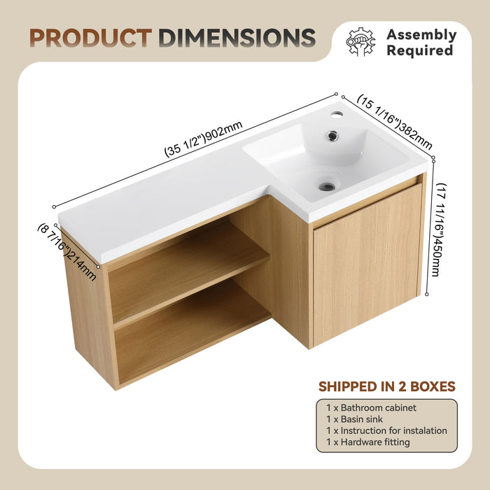 L-Shaped Wall Mounte Floating Bathroom Vanity With Integrated Sink