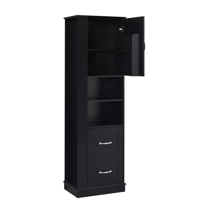 Freestanding Bathroom Storage Cabinet With Adjustable Shelves And Side Hooks Board, Rectangle Design