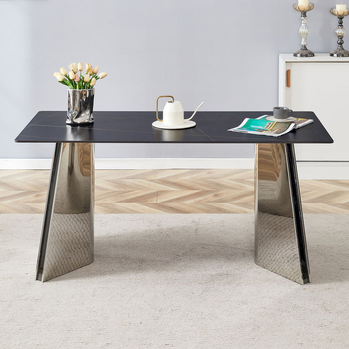 Modern Marble Patterned Dining Table With Stainless Steel Butterfly Legs, Scratch And Heat Resistant - Black / Silver