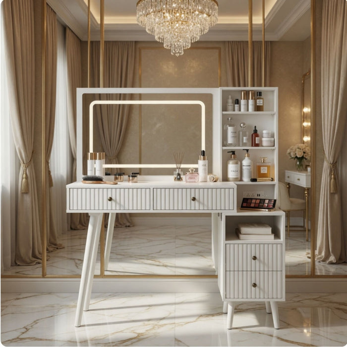 Fluted Vanity Desk With Lighted Mirror & Outlet 4 Drawer, Makeup Table - White