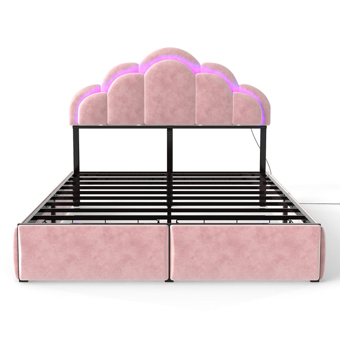 Full RGB LED Upholstered Platform Bed With Petal Headboard And Storage Drawers For Kids Bedroom - Pink