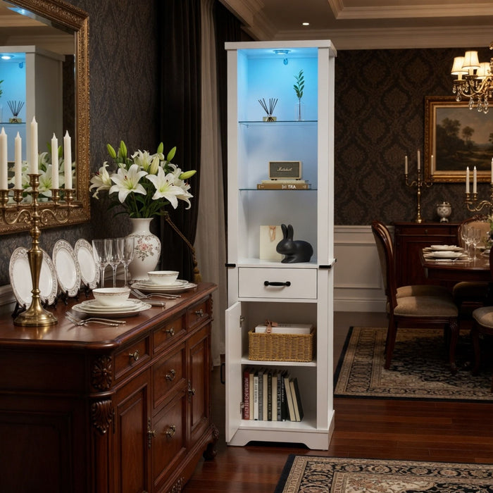 Pantry Cabinet With LED Lights And Barn Door With Tempered Glass Shelves - White