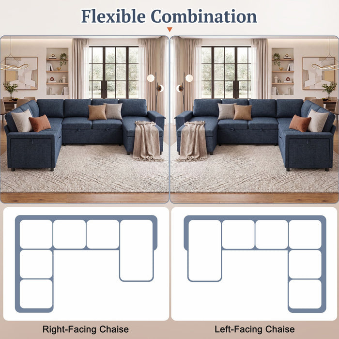 U - Shaped Convertible Sectional Sofa Bed With Storage, USB Charger & Cup Holders