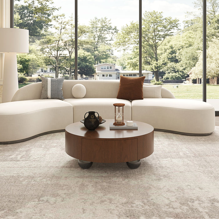 Drum Shaped Coffee Table With Hidden Storage Drawer, Low Profile For Living Room - Walnut