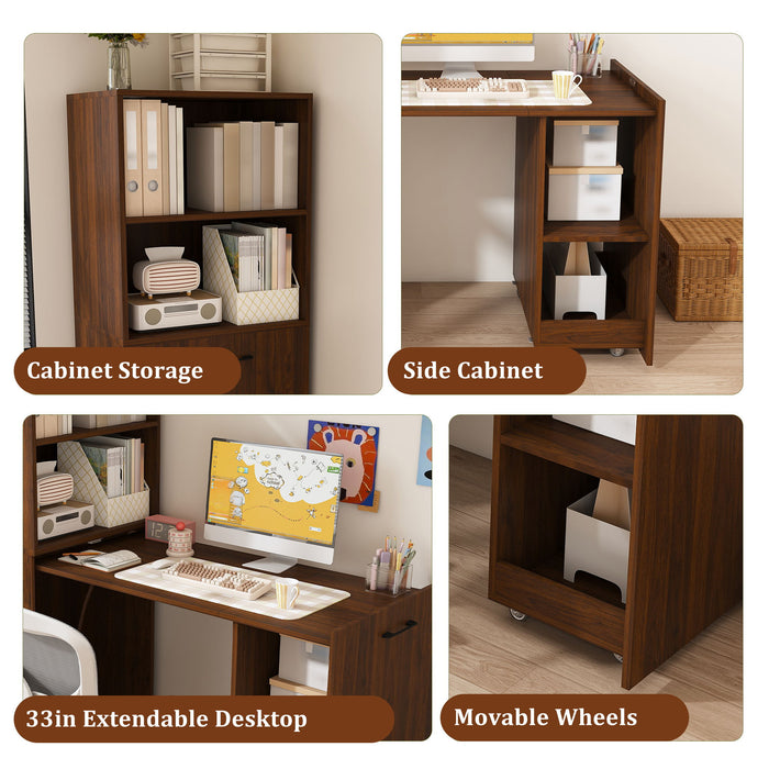Stretchable Office Desk With Storage Shelves And Mobile Wheels