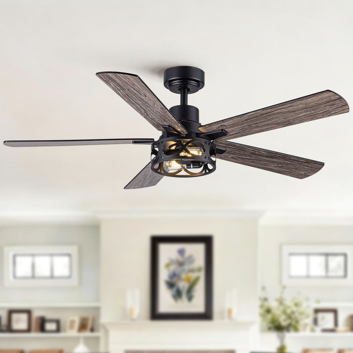 Ceiling Fan With Light, Dual‑Sided Matte Black & Wood Grain Blades - Black