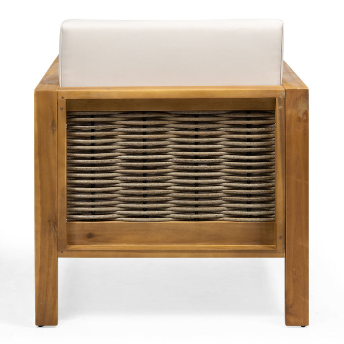 Outdoor 4 Seater Acacia Wood Chat Set With Wicker Accents And Cushions - Teak / Mixed Brown / Beige