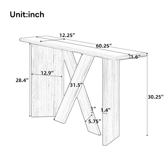 X-Frame Console Table, Angled Cross Leg Design, Rounded Edges - Natural