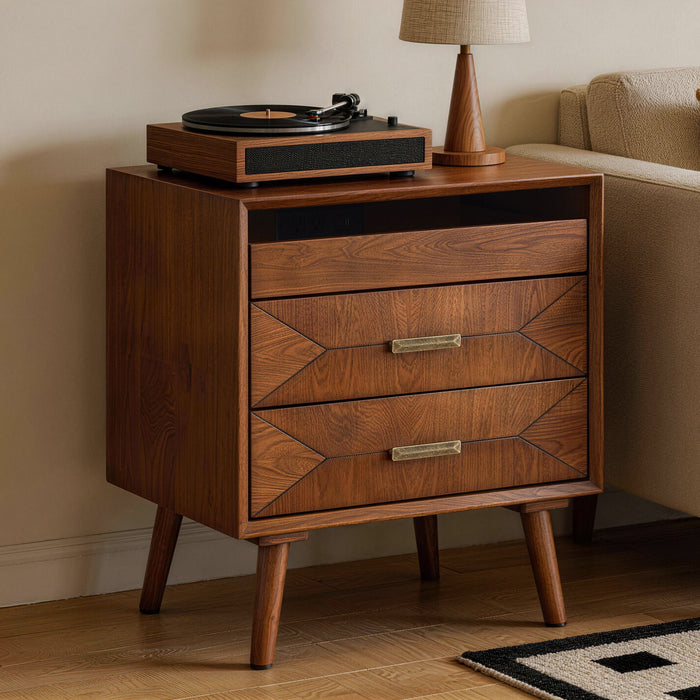 Nightstand With Charging Station, 2 Drawers And Open Shelf, USB / Type C Ports
