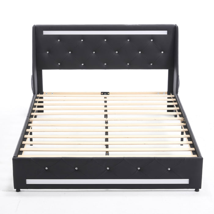 Wingback Upholstered Bed Frame With LED Lights, Charging Station