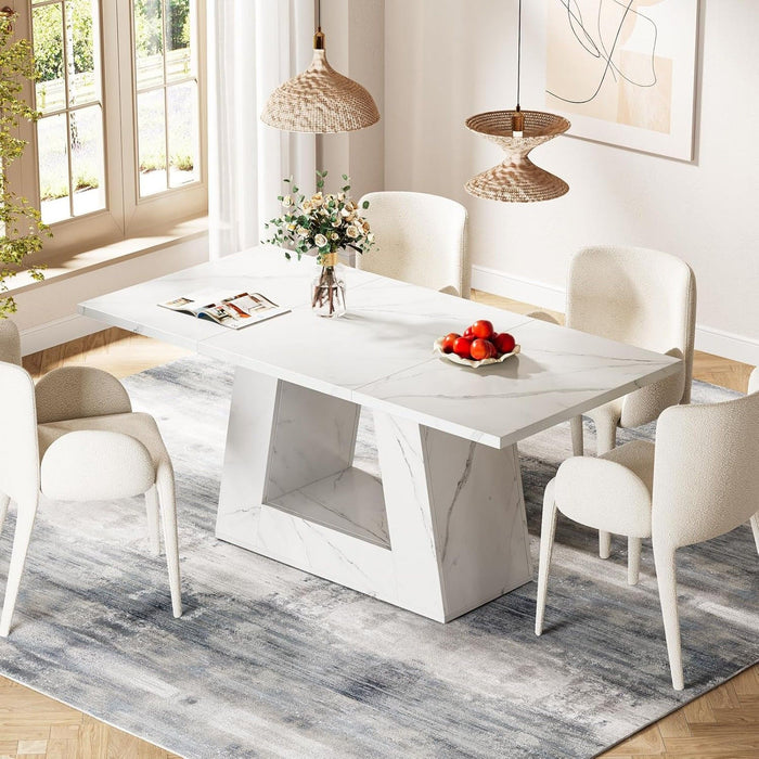 Dining Table For 4 To 6 People, With Trapezoid Base For Dining Room - White