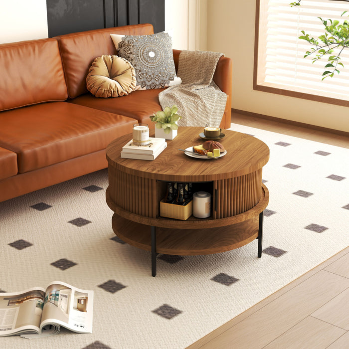 Flip-Top Round Coffee Table With Storage - Brown