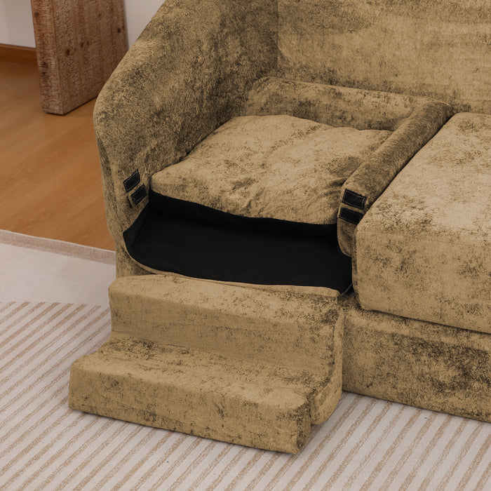 3 Seater Sofa With Built In Pet Bed Nook, Curved Design And 2 Throw Pillows