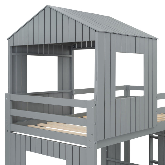 Loft Bunk Bed With Playhouse, Farmhouse, Ladder, Slide And Guardrails