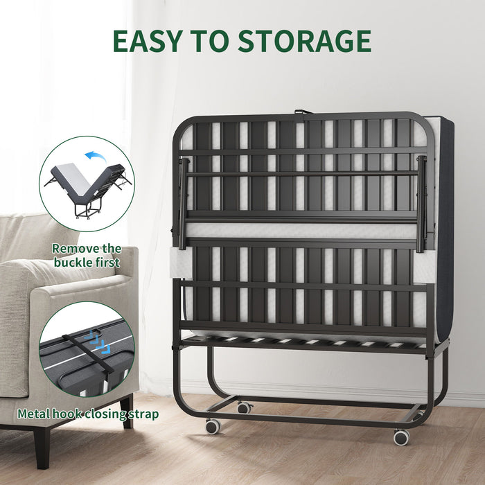 Twin Extra Long Folding Bed For Tall People, Heavy-Duty Rollaway Guest With Memory Foam Mattress - Black